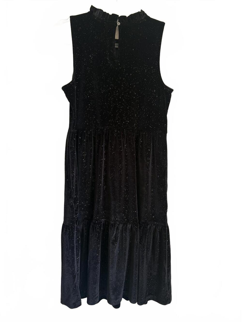 J.Crew | Black Gold Flecks Sleeveless Crushed Velvet Ruffle Neck Midi Dress Sz 8 - Picture 8 of 9